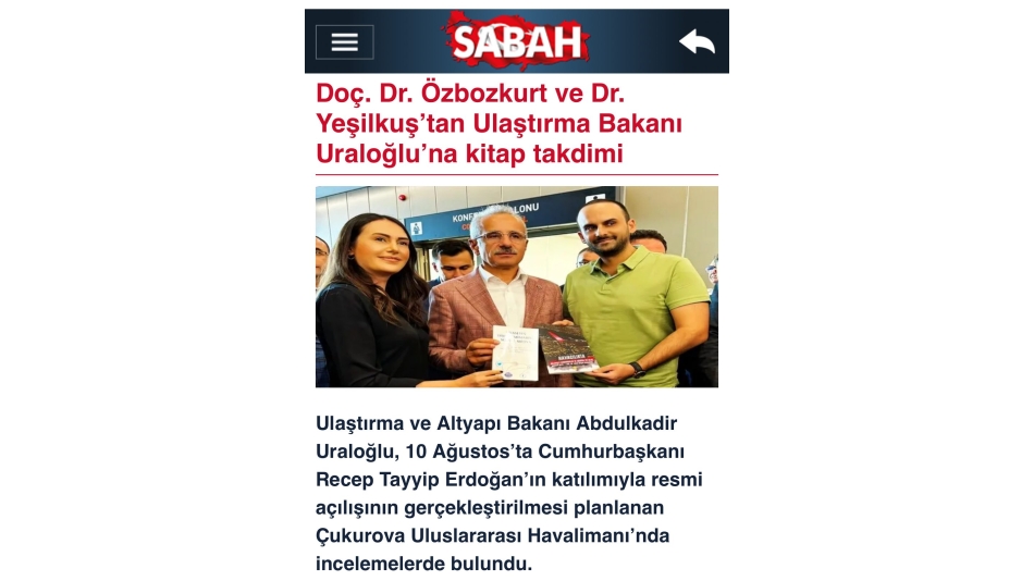 Doç. Dr. Özbozkurt ve Dr. Yeşilkuş’tan Ulaştırma Bakanı Uraloğlu’na kitap takdimi